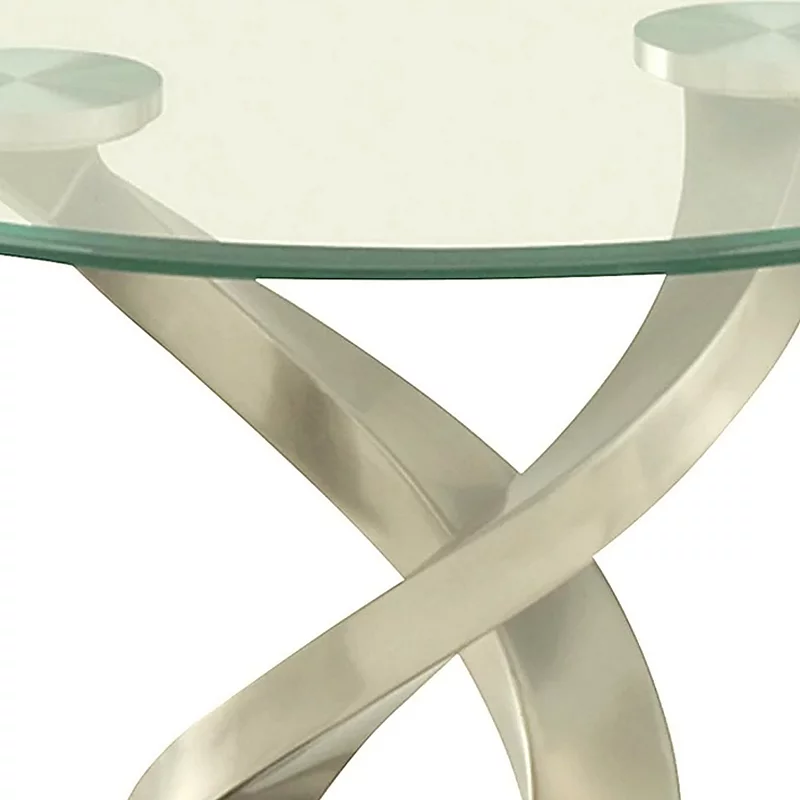 Modern Round Glass Top End Table with Twisted Metal Base， Silver and Black