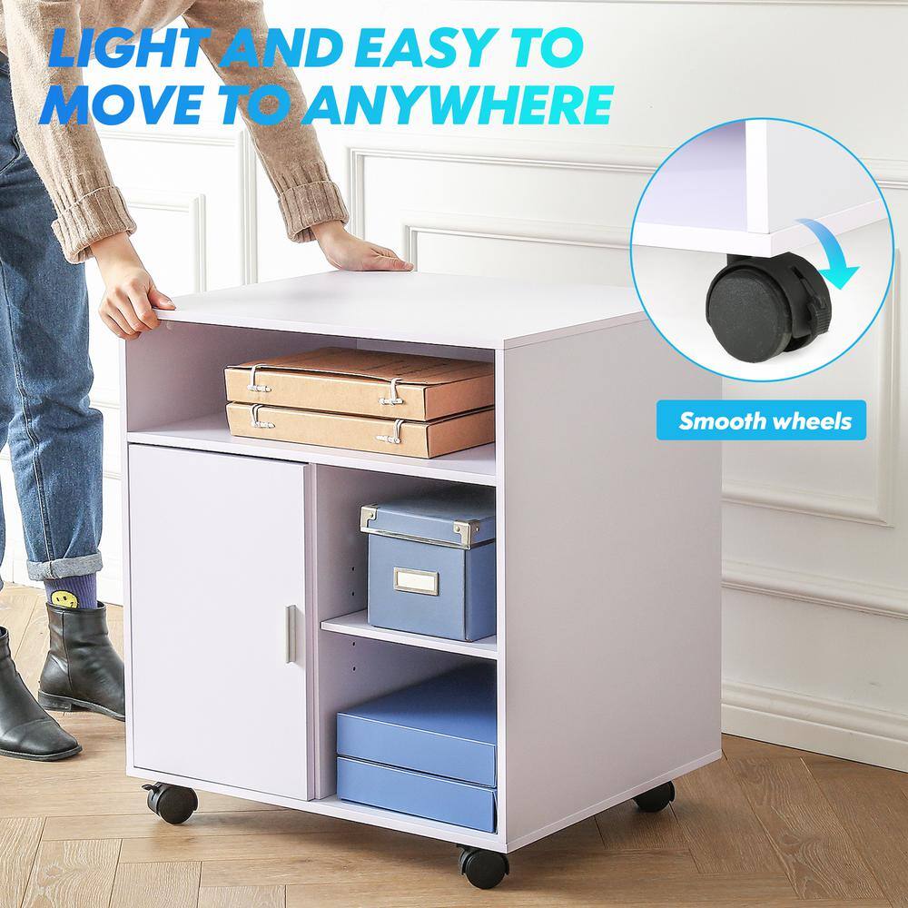 FITUEYES White Office Filing Cabinet with Door Wood Mobile Printer Stand on Wheels for Storing File Folders FPS406005WW-HD