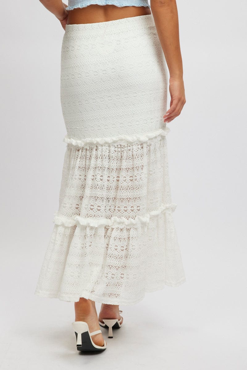 White Lace Maxi Skirt Elastic Waist Tiered Lined