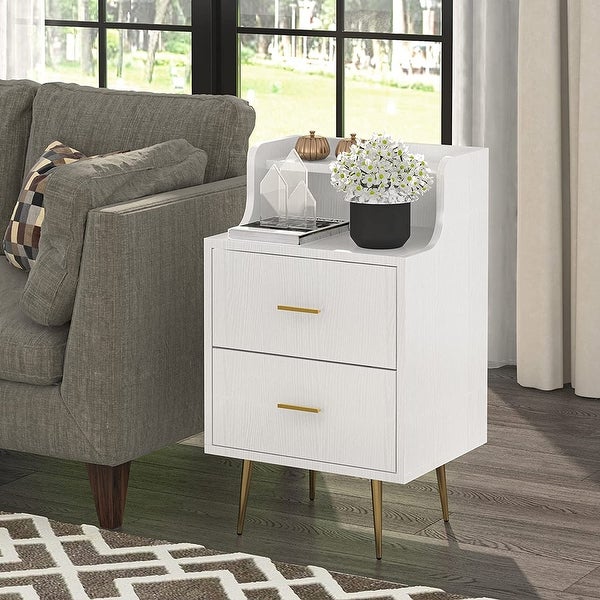 2 Drawer Nightstand Modern Bedside Table with Golden Metal Legs