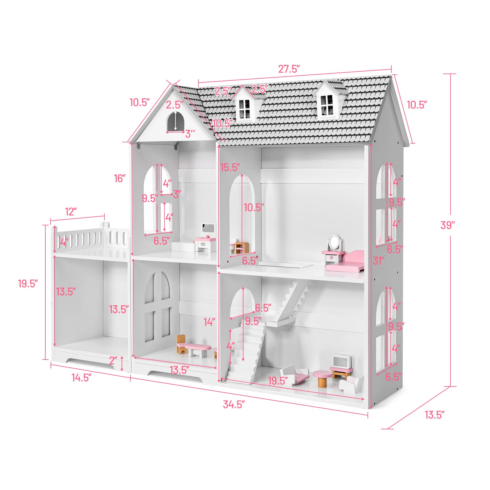 Kids Wooden Dollhouse, 2-in-1 Cottage Dollhouse Bookcase