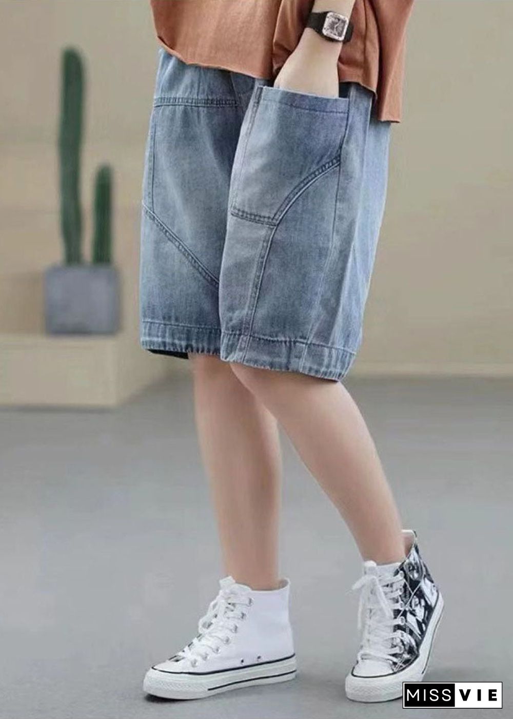 Handmade Denim Light Blue Elastic Waist Pockets Patchwork Cotton Short Pants Summer