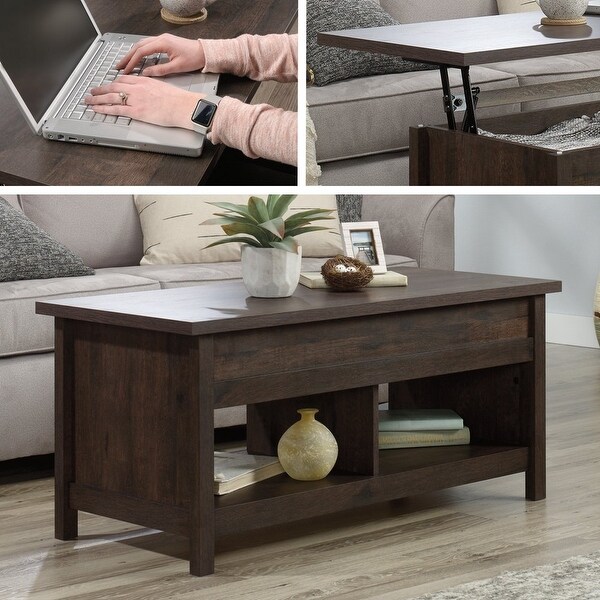 Cannery Bridge Lift Top Coffee Table with Storage and Shelf， Coffee Oak Finish