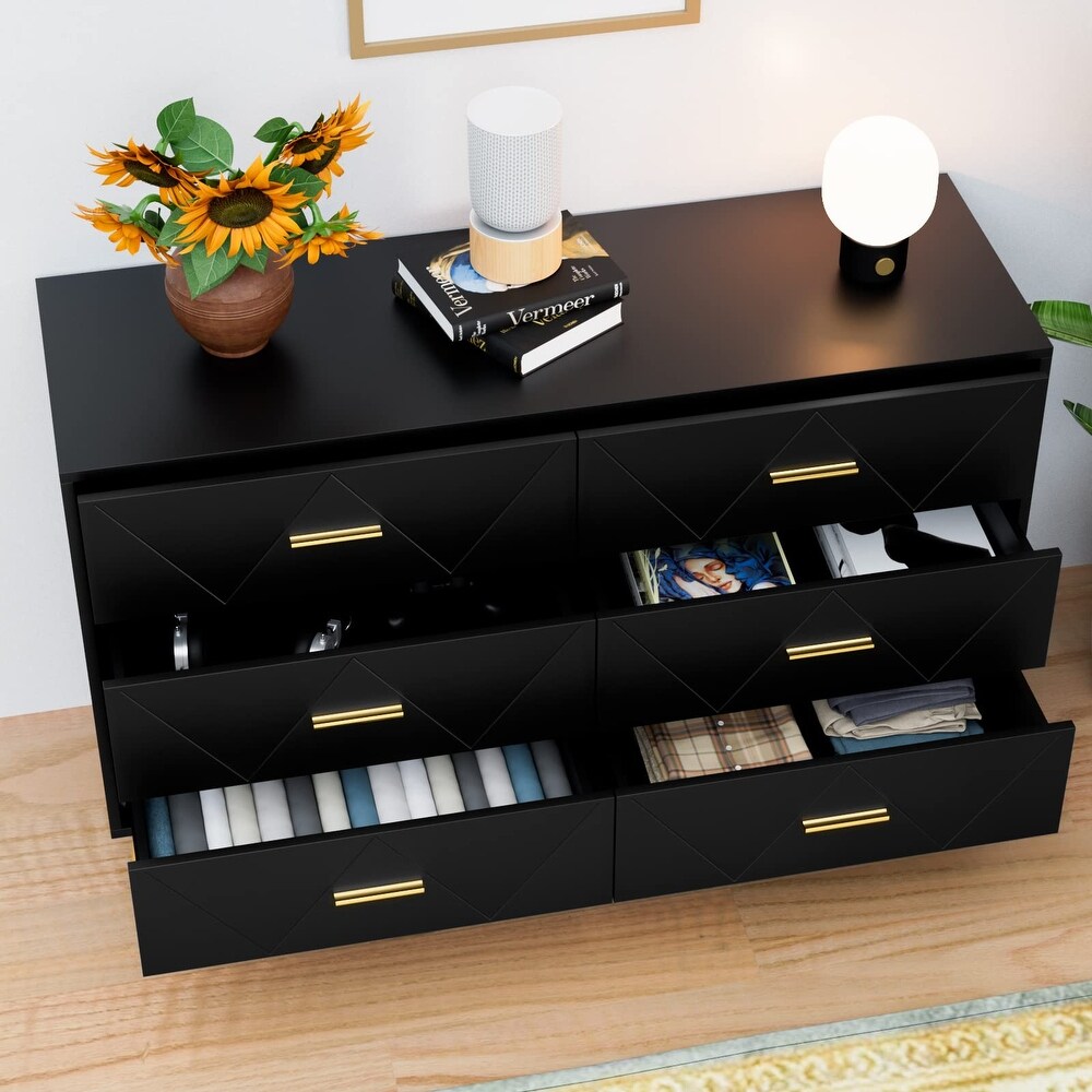 Black Dresser for Bedroom  Modern Dresser for Bedroom  6 Drawer Double Dresser with Drawers and Metal Handles  Wood Dressers