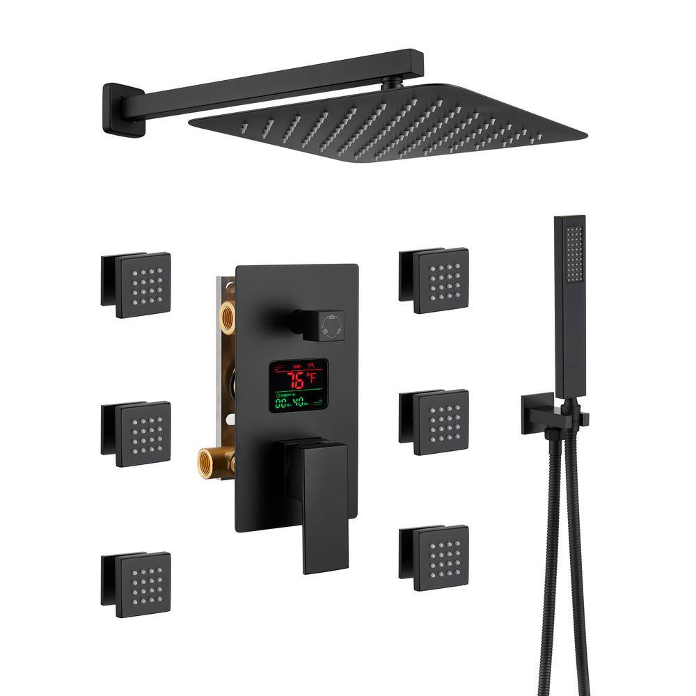 Mondawe LED Display 3 Spray Patterns 12 in. Wall Mount Fixed and Handheld Shower Head 2.5 GPM in Matte Black Valve Included WF6025BI-12BL