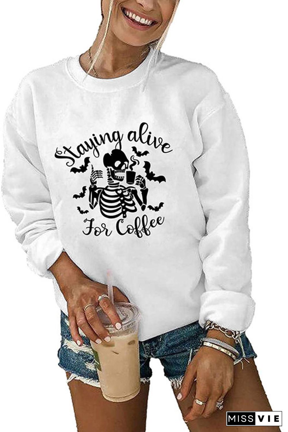 Staying Alive For Coffee Halloween Print O-neck Long Sleeve Sweatshirts Women Wholesale