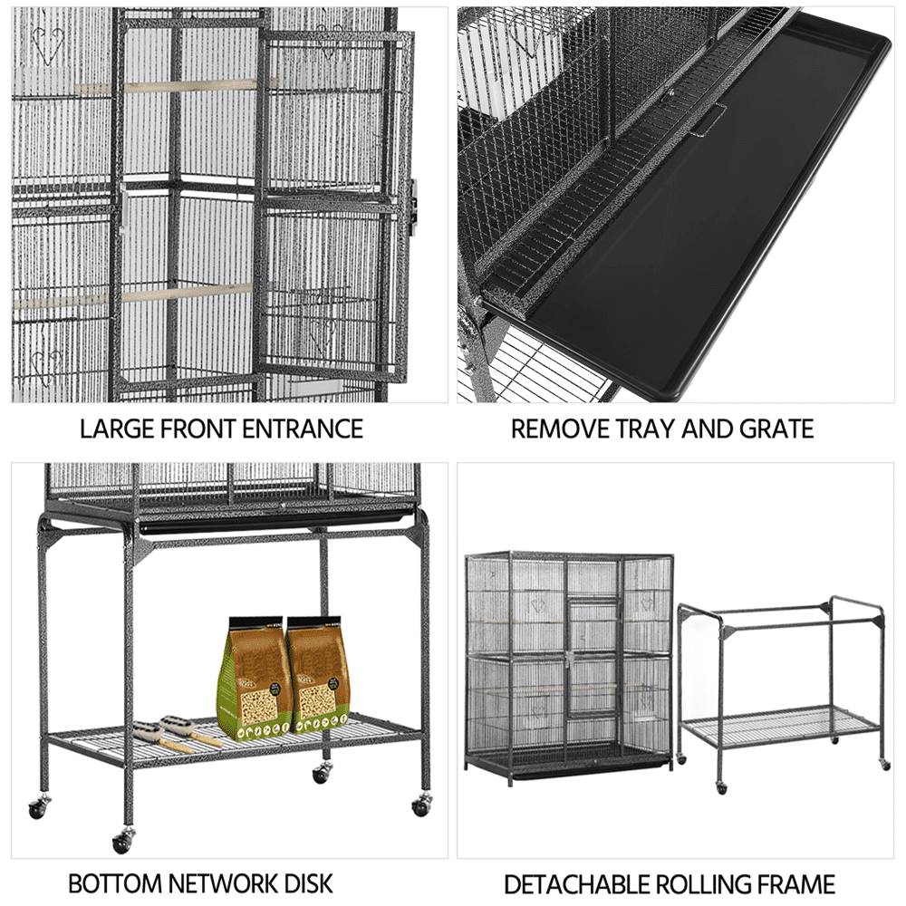 generic 63''H Large Rolling Metal Parrot Cage with Detachable Stand Bird Cage for Conures Parakeets Cockatiels， Black