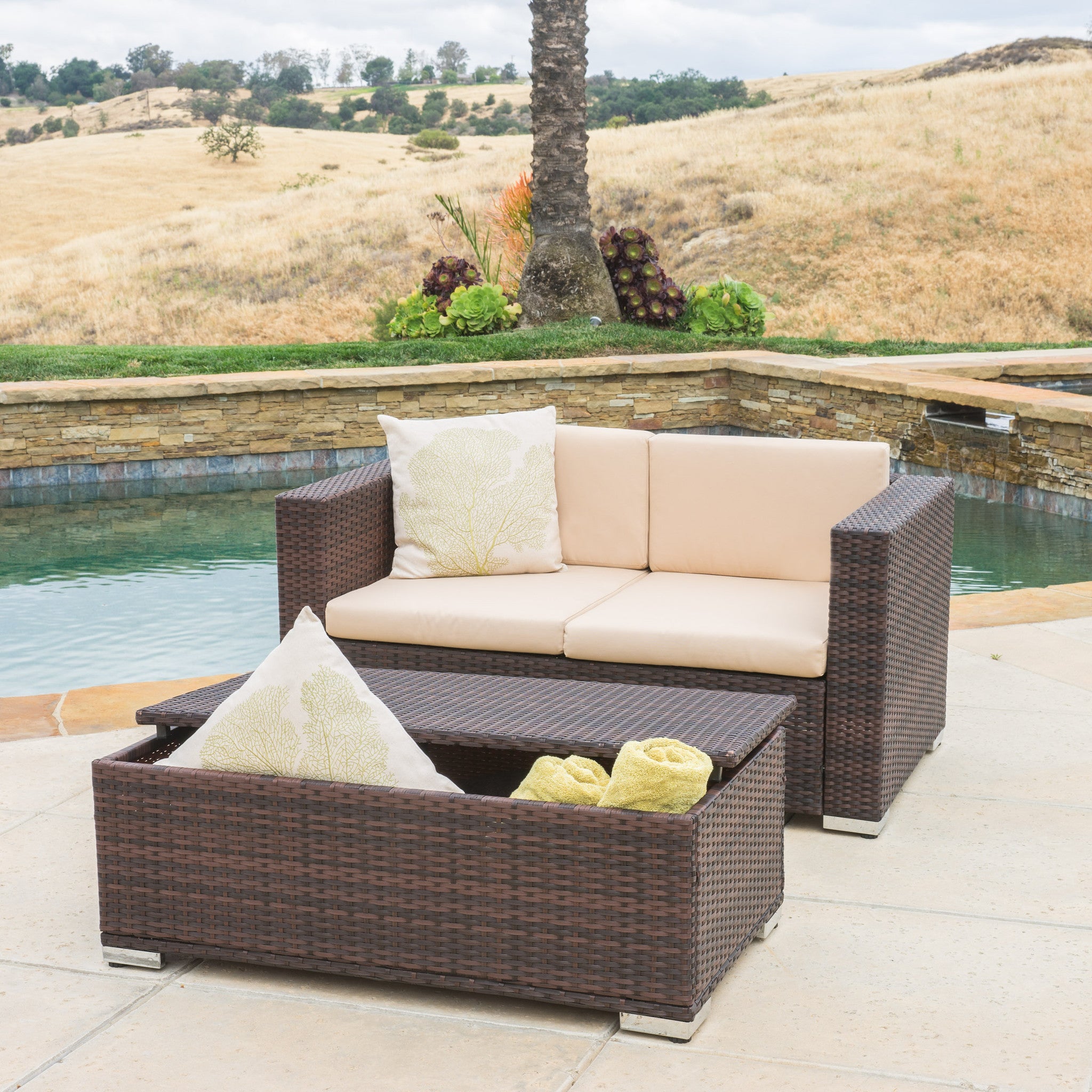 Westlake Outdoor Brown PE Wicker Loveseat & Ottoman Set