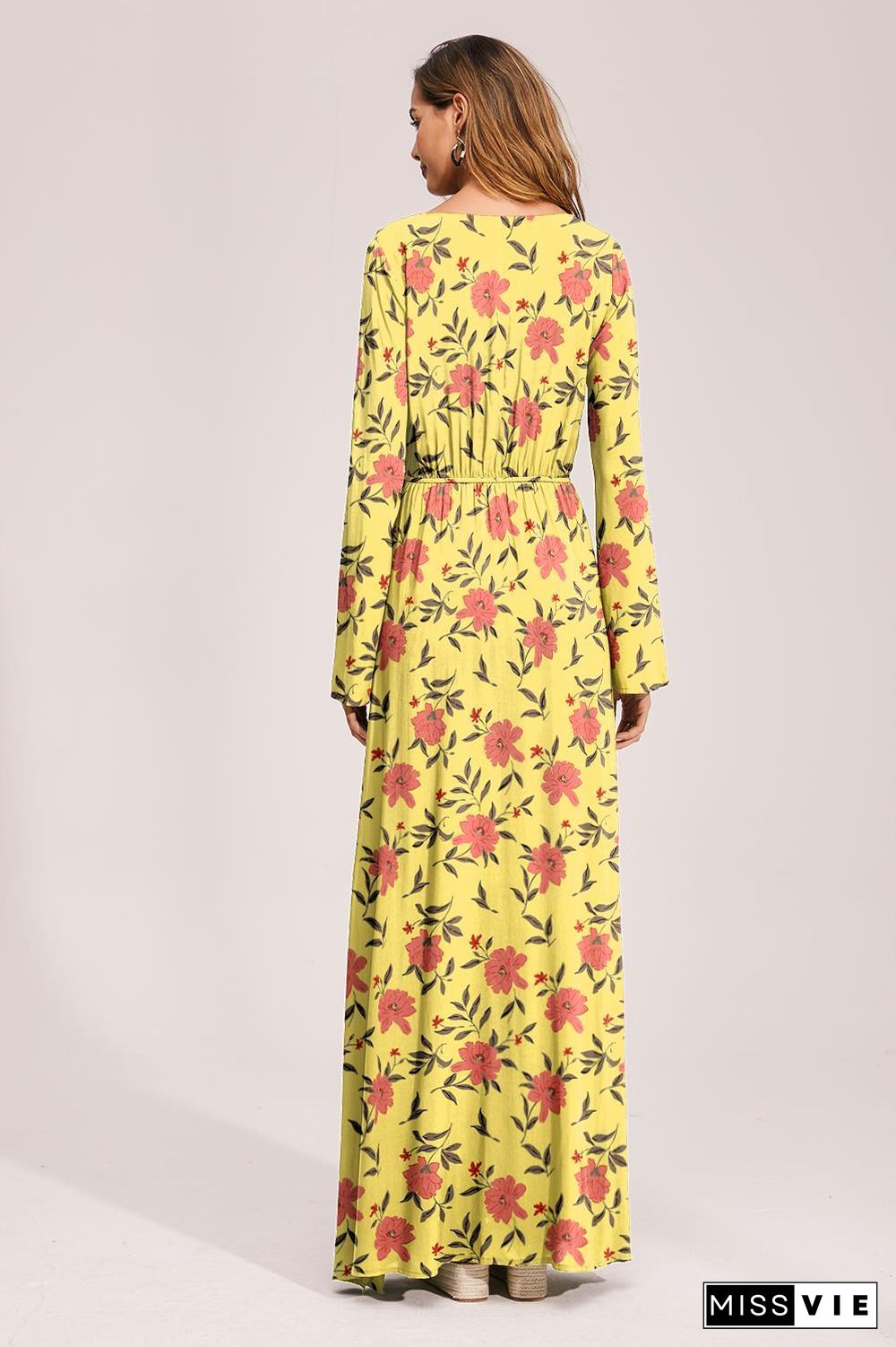 Floral Deep Long Sleeves Tie Back Ruffled Hem Maxi Dress