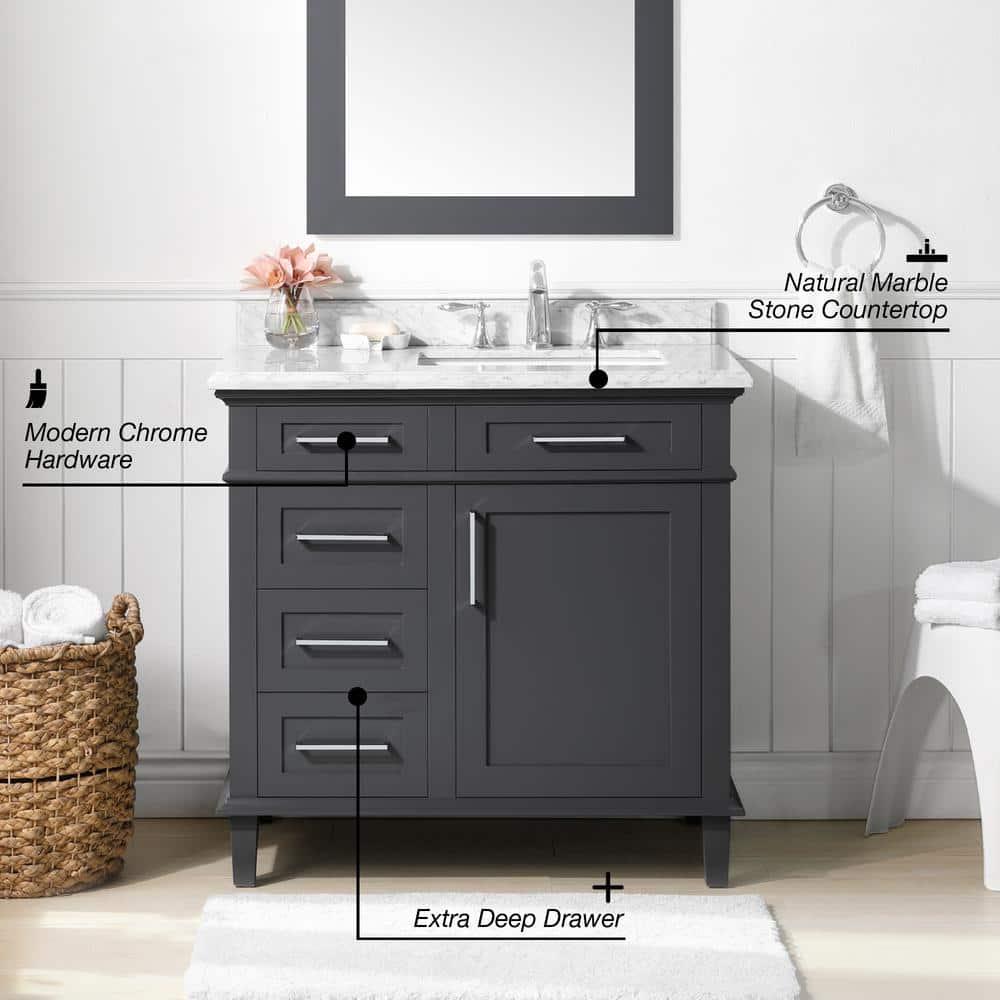 Home Decorators Collection Sonoma 36 in W x 221 in D x 345 in H Freestanding Bath Vanity in Dark Charcoal with Carrara Marble Marble Top