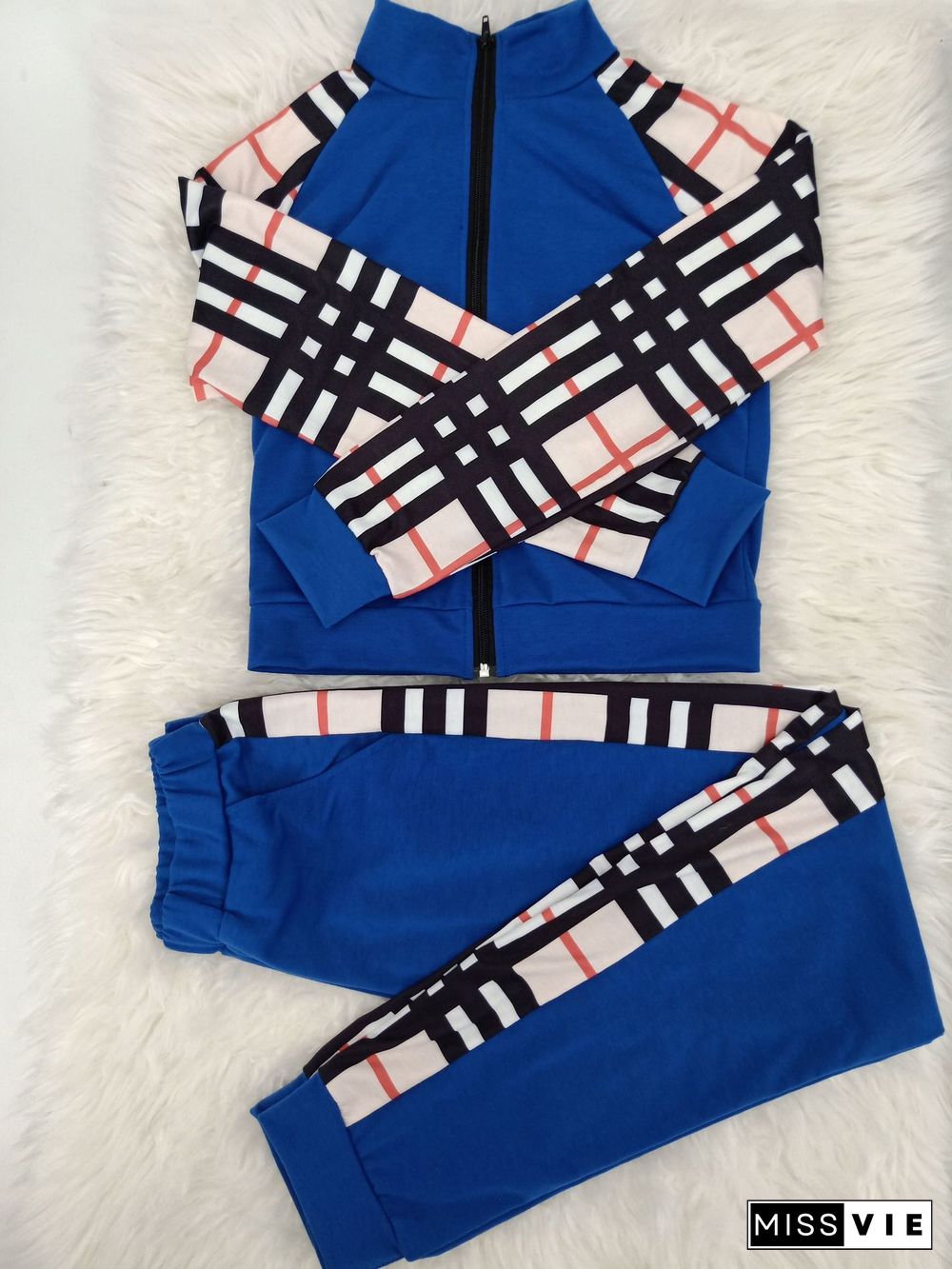 Plaid Patch Long Sleeve Jacket 2 Piece Pants Set