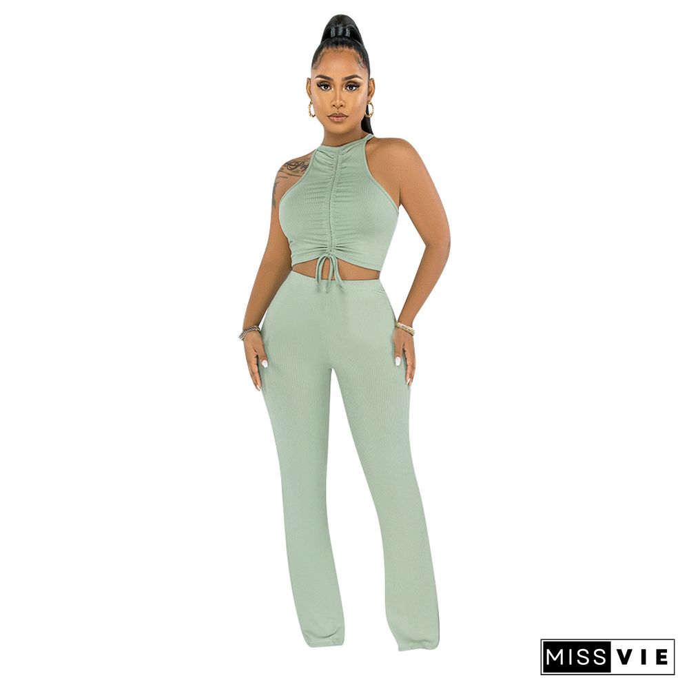 Solid Bandage Sleeveless Crop Top Flare Pants Set