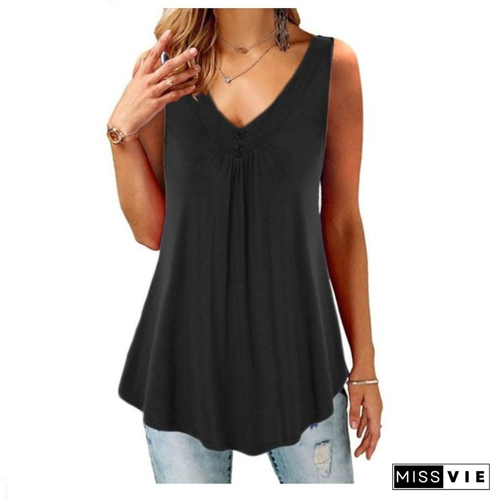 Summer Women's Solid V-Neck Pleated Button Sleeveless Loose Tank Top Ladies Casual Blouses Female Sexy Clothing Home Street Wear