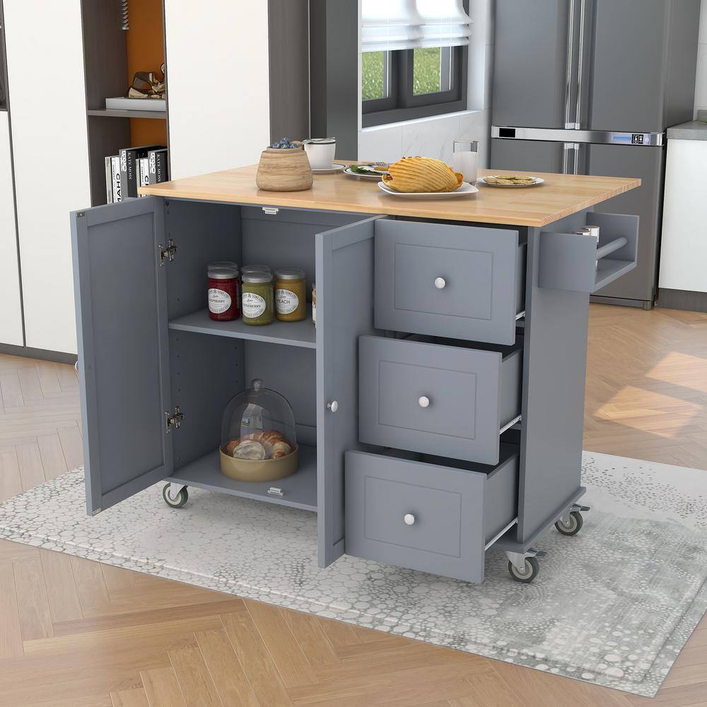 Runesay Gray Blue Rolling Mobile Kitchen Island with Solid Wood Top and Locking Wheels Storage Cabinet Drop Leaf Breakfast Bar EC-KCGB-5163