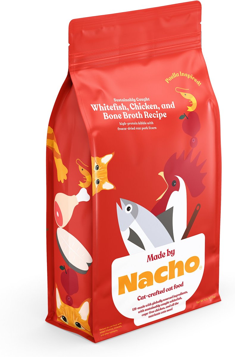 Made by Nacho Sustainably Caught Whitefish， Chicken and Bone Broth Recipe with Freeze-Dried Pork Livers Dry Cat Food