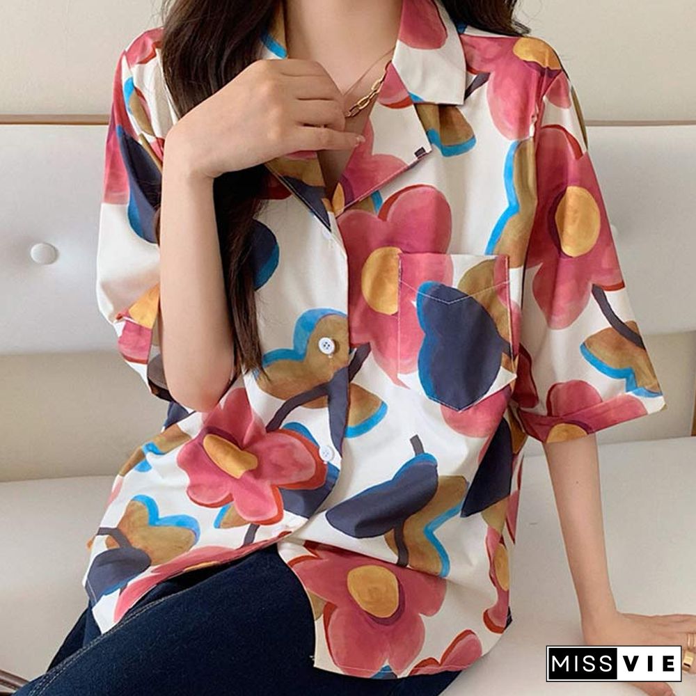 Vintage Floral Print Pocket Loose T-Shirt