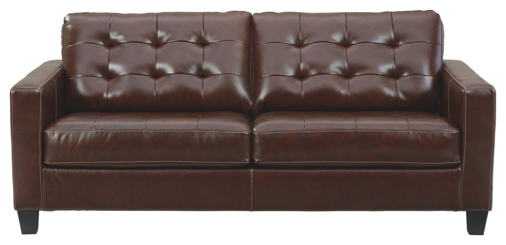 Leatherette Sofa With Track Armrests and Stitched Details  Brown   Transitional   Sofas   by VirVentures  Houzz