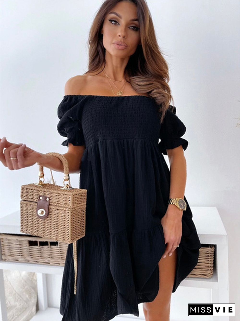 Summer Women Casual Dress Slash Collar Off Shoulder Dress Plus Size Mini Women Dress