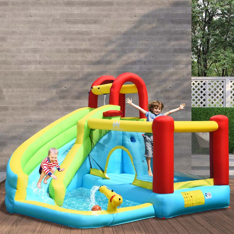 6-in-1 Kids Inflatable Bounce House Water Park with Trampoline, Splash Pool, Climbing Wall, Water Slide & Gun, Basketball Rim