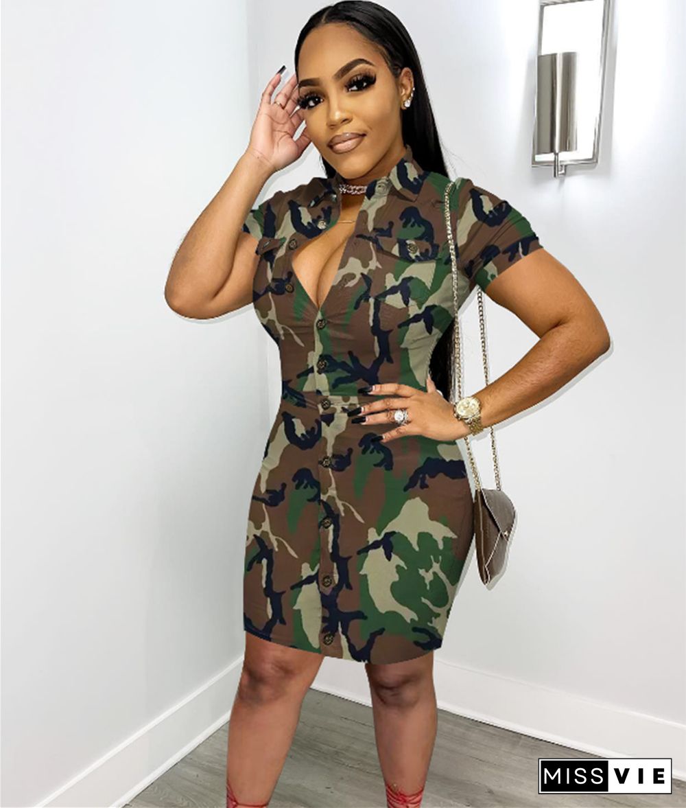 Camouflage Print Short Sleeve Midi Dresses