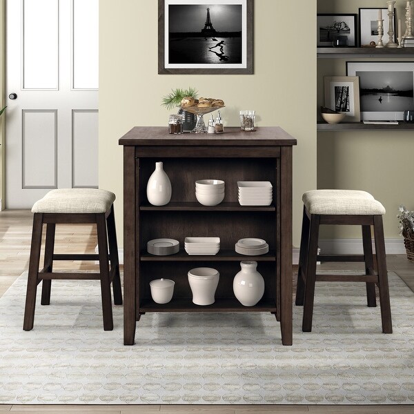 Dining table set， 3-piece square dining table with 2 upholstered stools and storage shelves