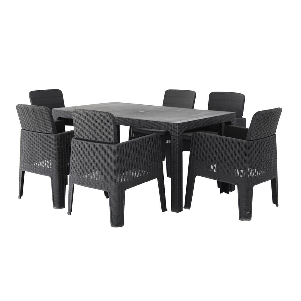 DUKAP LUCCA Black 7-Piece Plastic Outdoor Dining Set with Grey Cushions ODKLUC7-BLK-AB