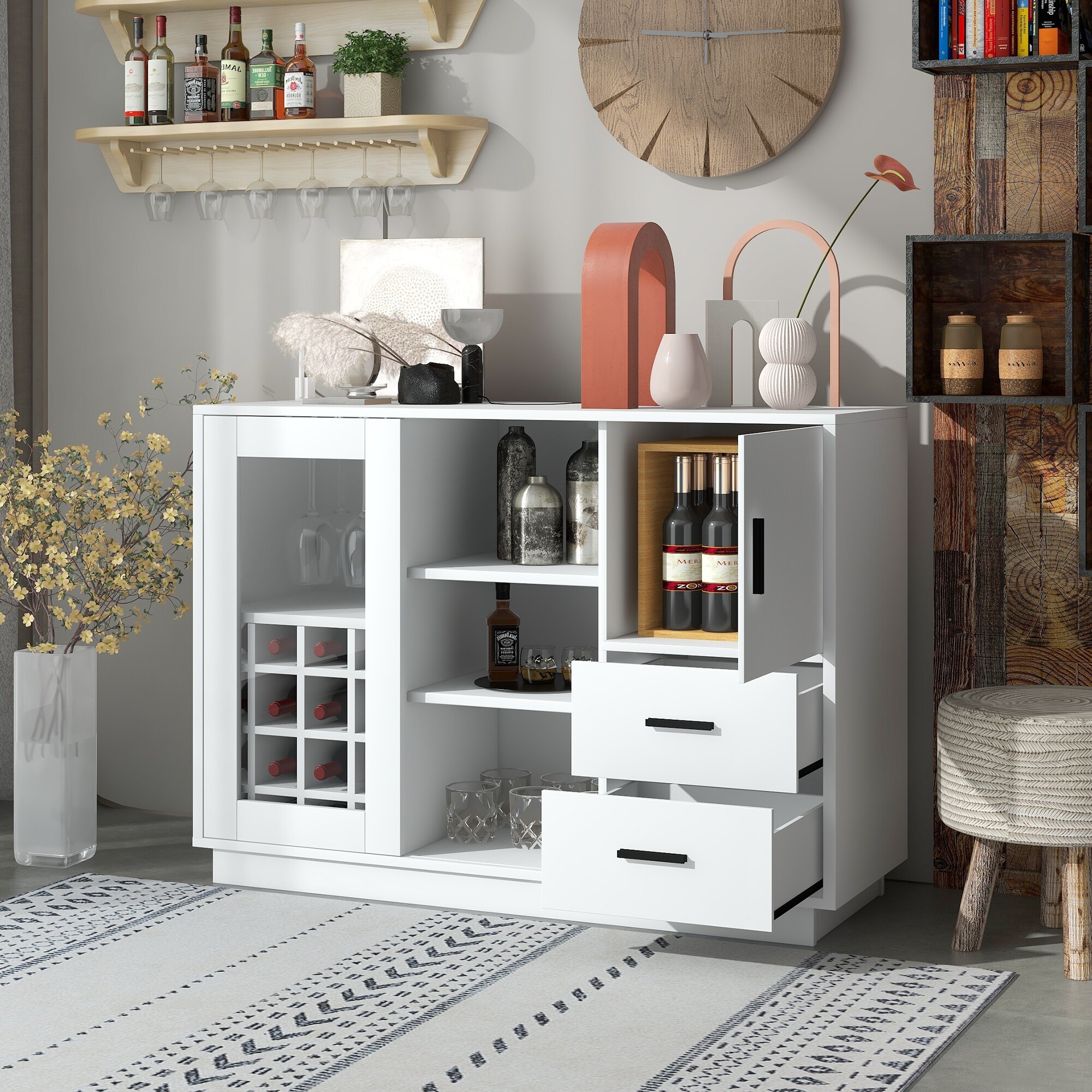 White Kitchen Sideboard with 16 Bar Wine Compartment and Wineglass Holders