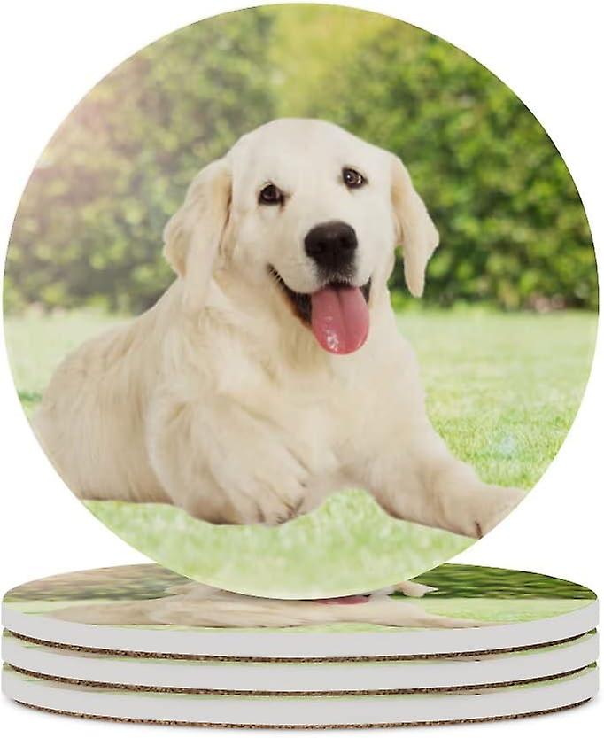 1pc Round Golden Retriever Looking Outdoors Ceramic Coasters With Cork-backed For Coffee Drink Cup Mat Absorbent Stone Coasters