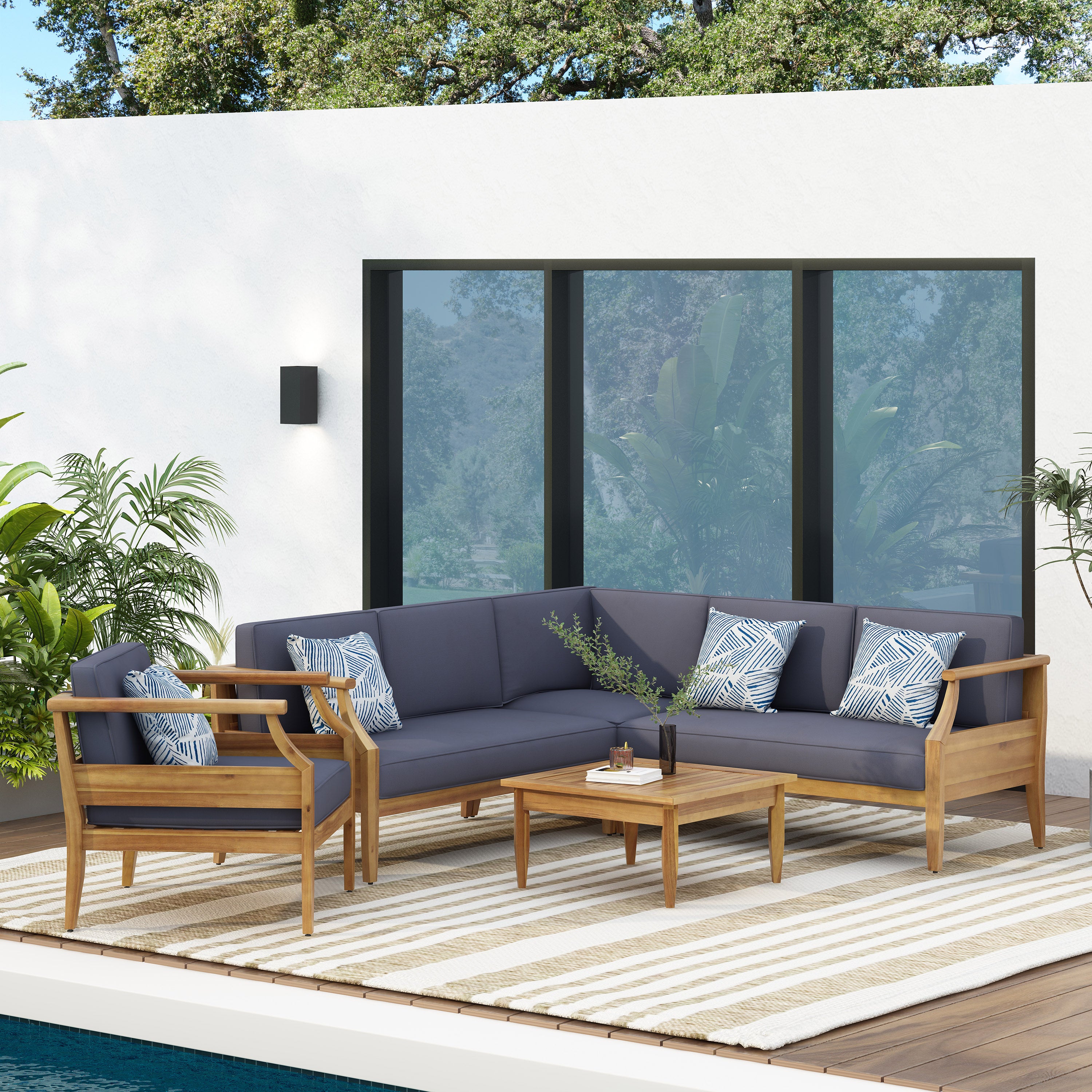 Bianca Outdoor Mid-Century Modern Acacia Wood 5 Seater Sectional Chat Set with Club Chair, Teak and Dark Gray