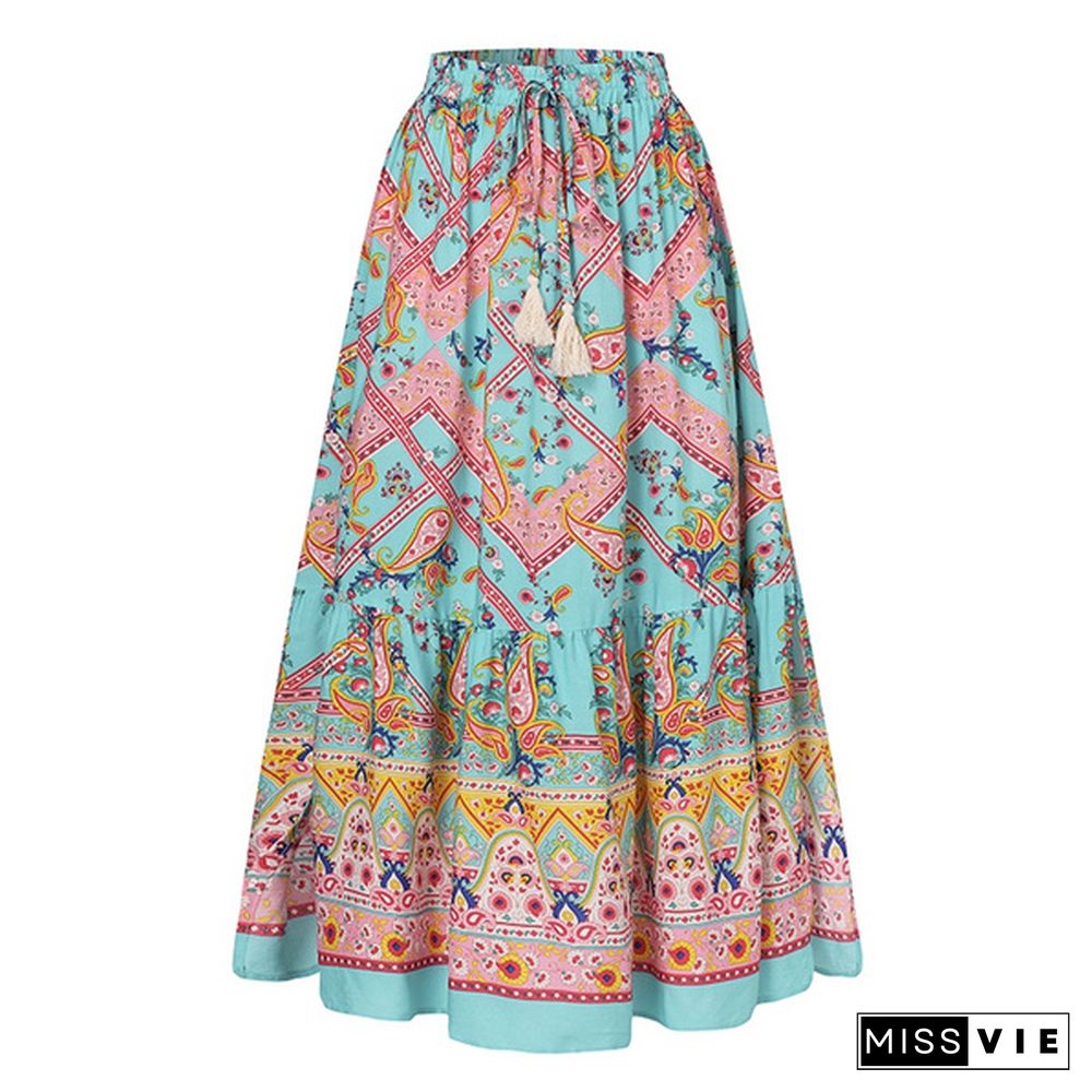 Women Drawstring Waist Bohemian A-Line Skirt Summer Casual Loose Skirt Dress