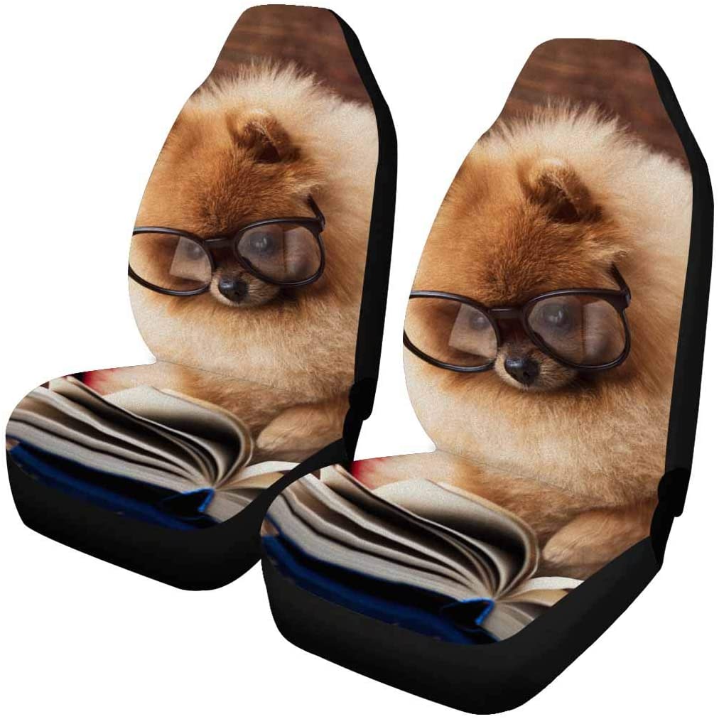 ZHANZZK Set of 2 Car Seat Covers Clever Pomeranian Dog A Book A Dog Sheltered A Blanket A Book Serious Dog Universal Auto Front Seats Protector Fits for Car，SUV Sedan，Truck