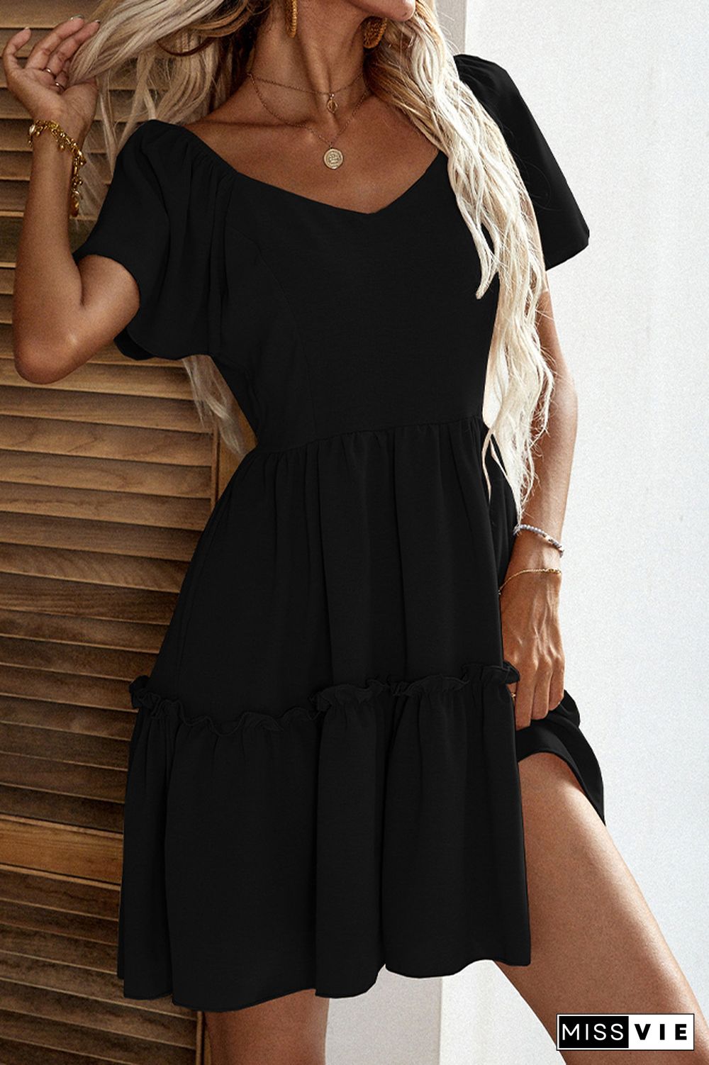 Solid Color V-neck Short Sleeve Mini Dress Wholesale