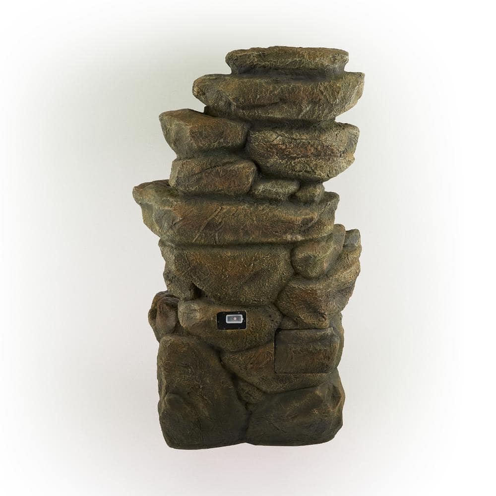 Alpine Corporation 51 in. Tall Outdoor Rainforest Floor Tiered Fountain with LED Lights and Bluetooth Speaker TZL199