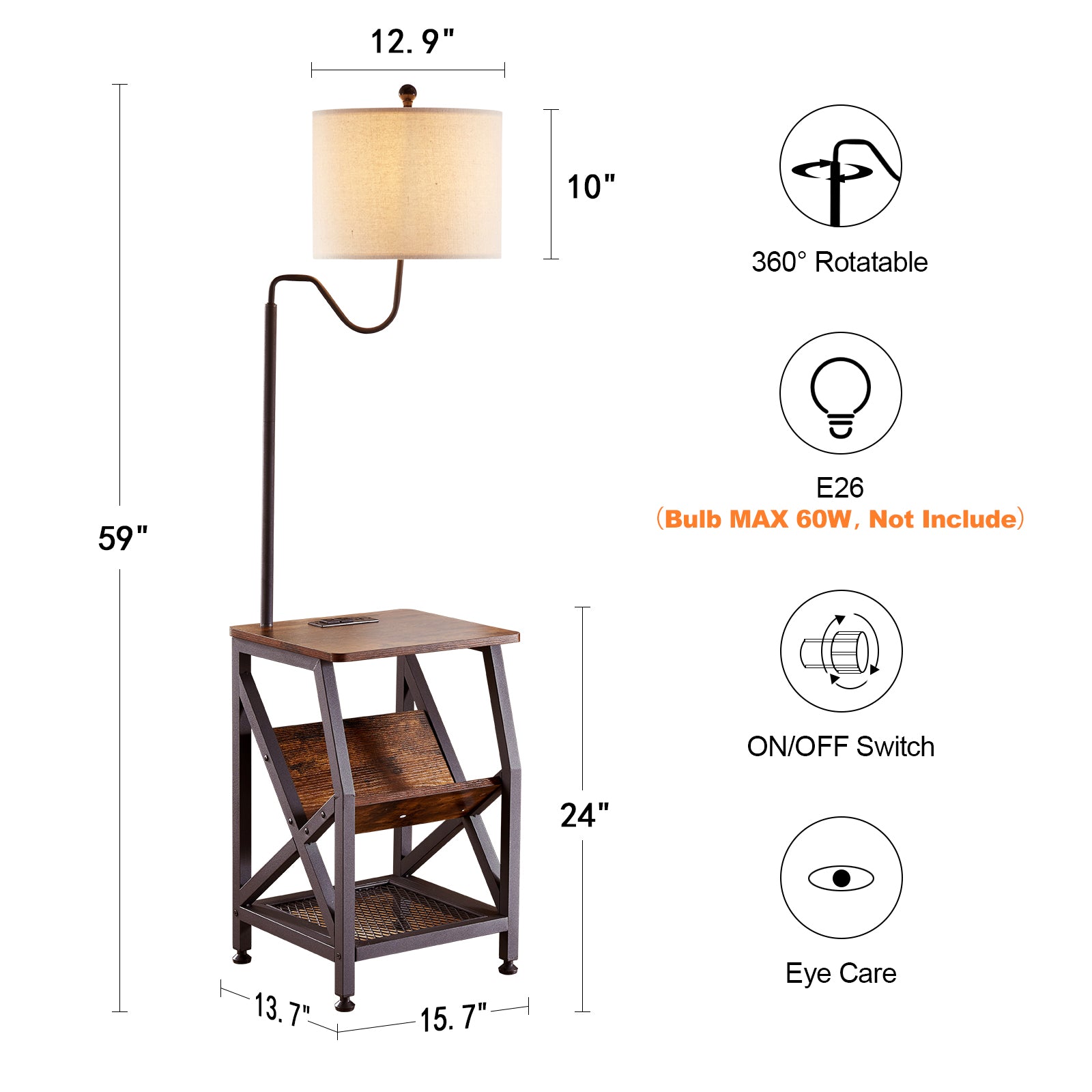 Ileading Floor Lamp with Table, Narrow End Table with Lamp, Bedside Nightstand with USB & Type-C Ports and 2 Outlets, Rustic Side Table with Storage Shelf, Side Table with Lamp for Living Room Bedroom