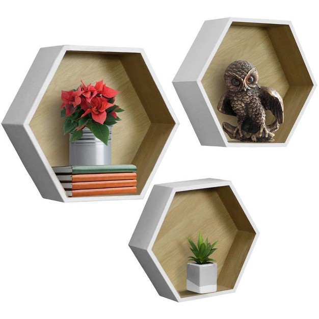 Set Of 3 Sorbus Floating Shelf Hexagon Set Honeycomb Decorative Hanging Display For Collectibles Photos Frames Plants And More white