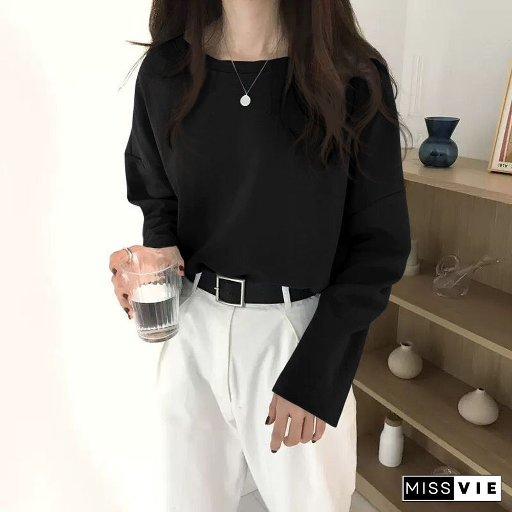 T-Shirts Long Sleeve Solid Tees O-Neck Slit Side Popular 2Xl Loose Lazy Daily All-Match Kpop Womens Ulzzang Ins Hipster Basic