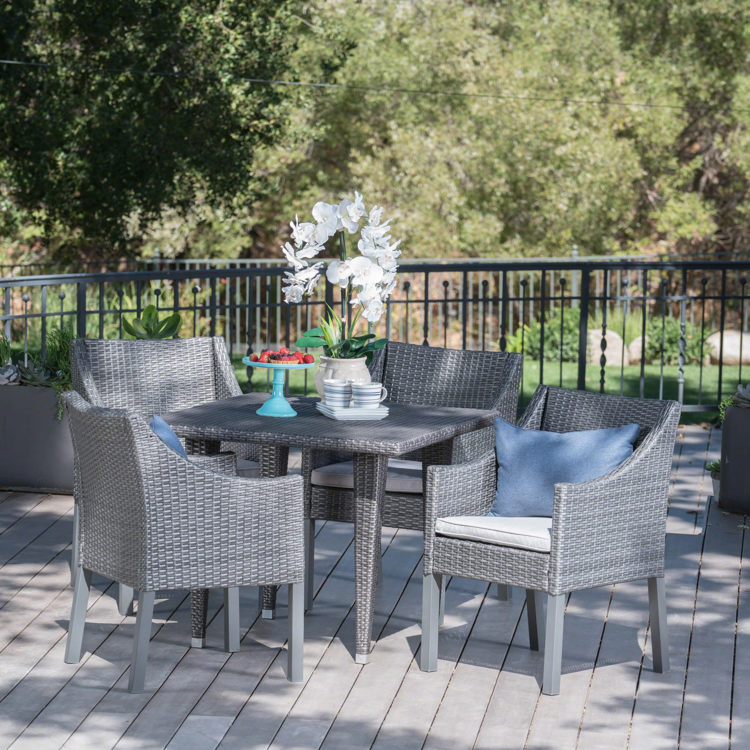 Del Mar Outdoor 5 Piece Gray Wicker Dining Set with Water Resistant Cushions