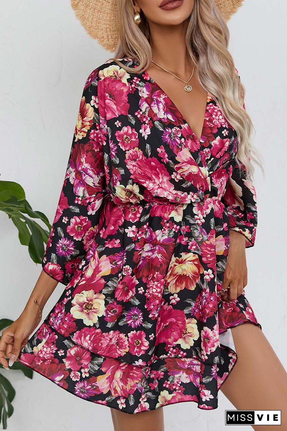 V Neck Drawstring Floral Dress