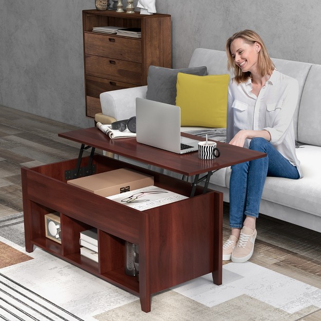 Ccostway Ostway Lift Top Coffee Table With Hidden Compartment And Storage Shelves Brown