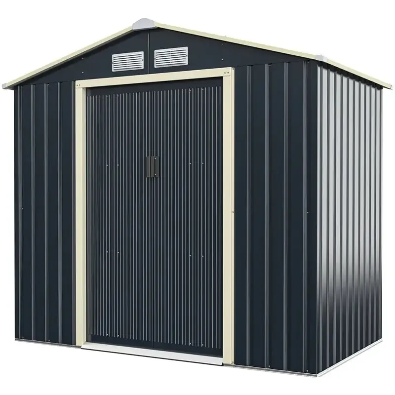 7’ x 4’ Outdoor Metal Storage Shed Backyard Garden Tool Storage Cabinet with 4 Vents & Sliding Double Lockable Doors