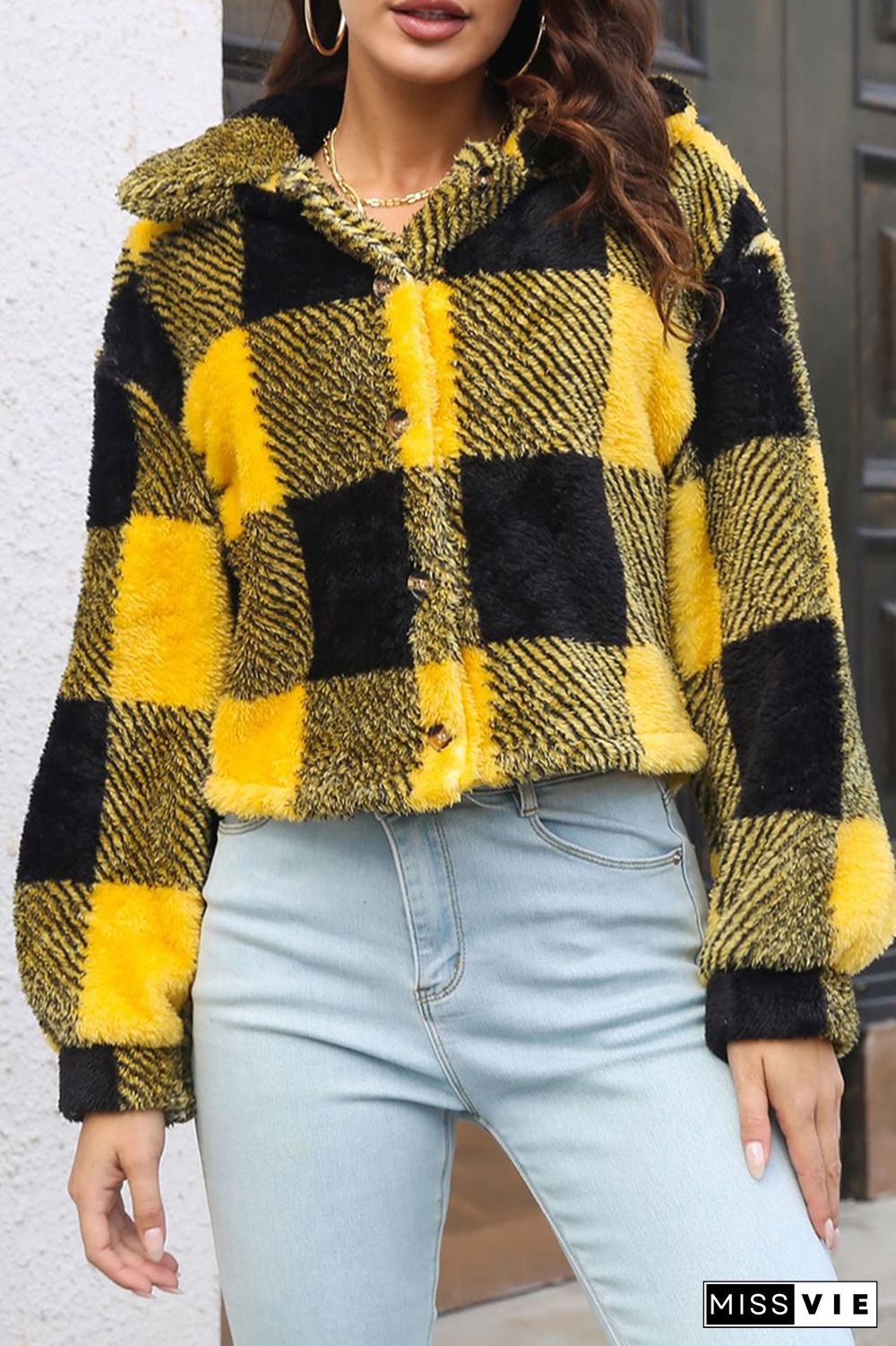 Open Button Fleece Plaid Crop Jackets