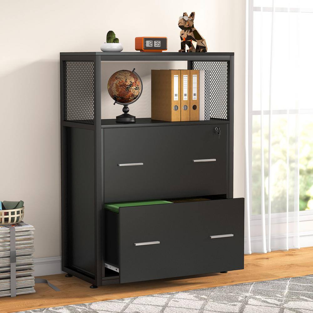 BYBLIGHT Atencio Black File Cabinet with Lock Lateral Filing Cabinet LetterLegalA4 Size BB-C0341XF