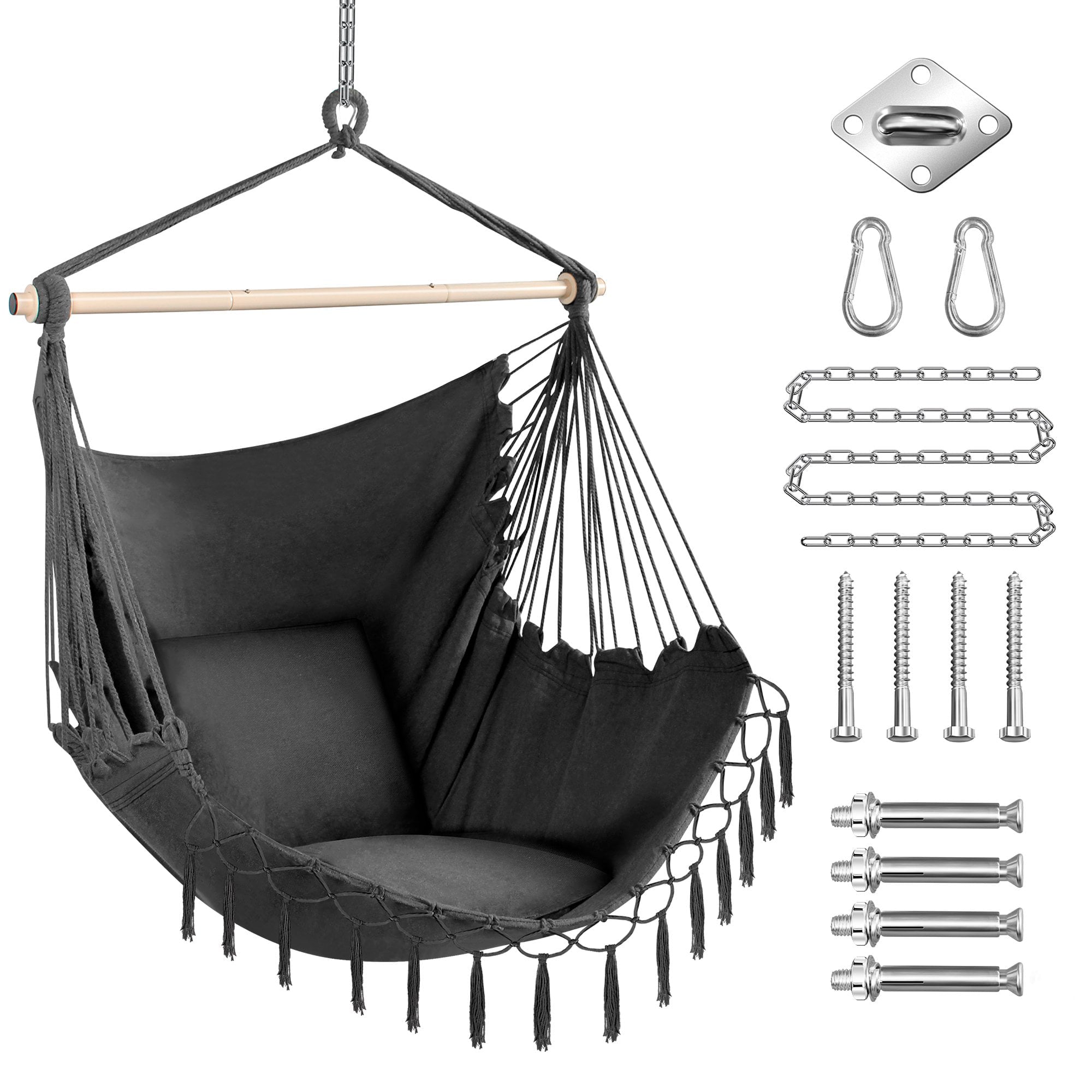 Oversized Hammock Chair Hanging Rope Swing Seat with 2 Cushions and Hardware Kits, Perfect for Indoor, Outdoor, Home, Bedroom, Patio, Yard，Deck, Garden, Max 330 Lbs, Grey