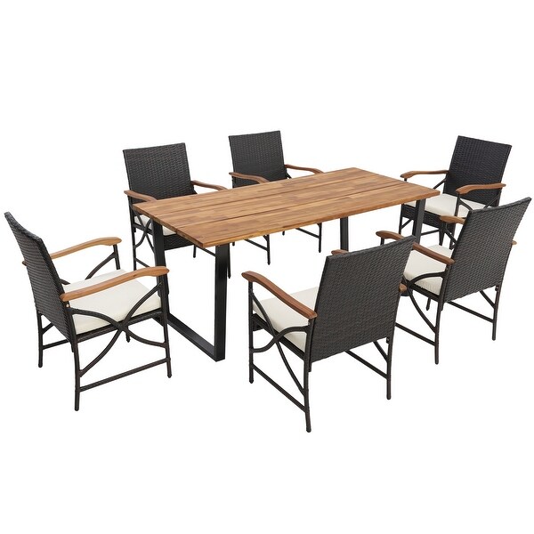 Gymax 7PCS Rattan Dining Set Acacia Wood Table 6 Wicker Chairs w/