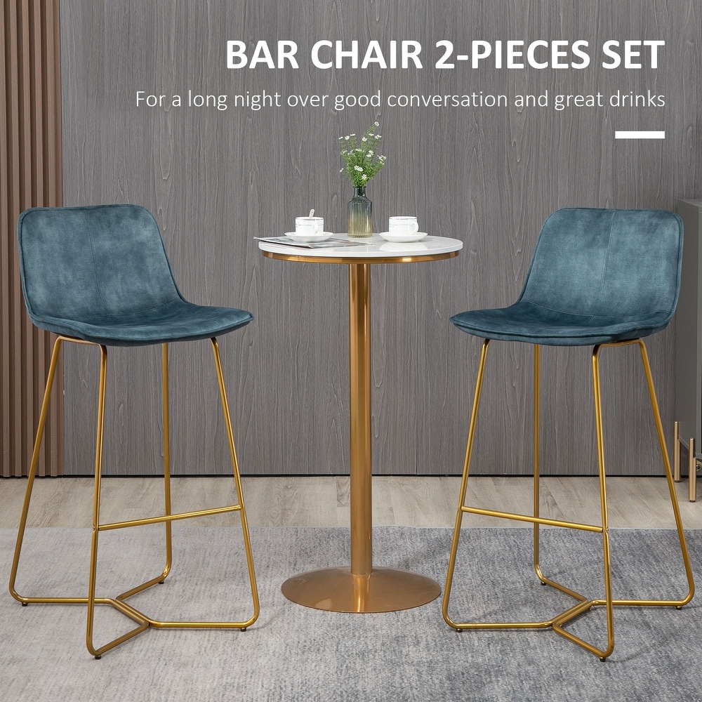 HOMCOM Tall Bar Stools  Set of 2  Velvet Touch Fabric Bar Chairs  Bar Stools with Gold Tone Metal Legs for Dining Area