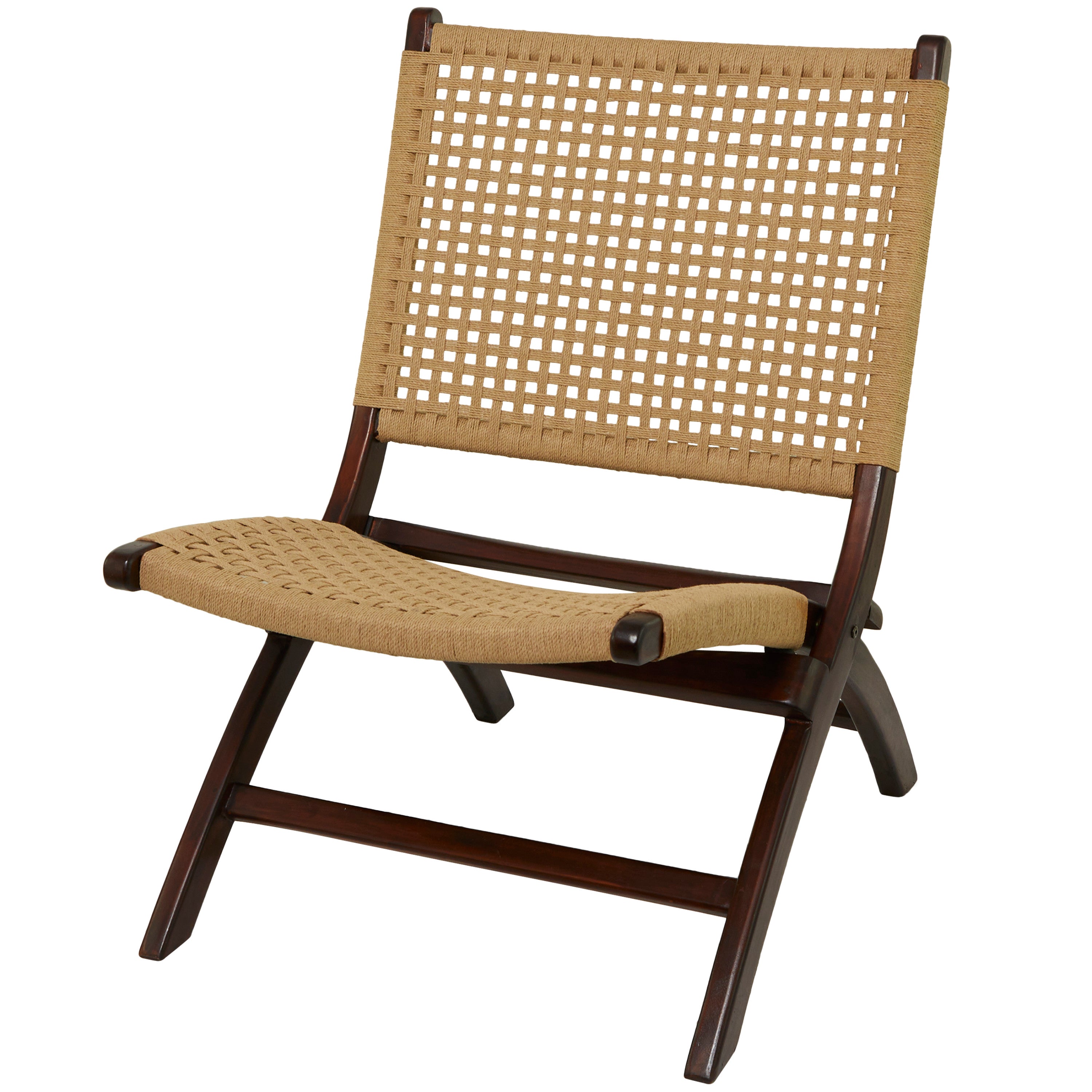 DecMode Contemporary Wood Folding Chair with Polished Mahogany Brown Finish and a Light Brown Woven Seat, 24"W x 34"H