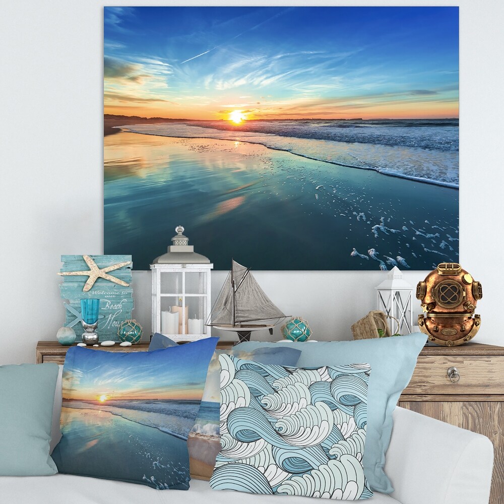 Blue Seashore with Distant Sunset   Seashore Canvas Wall Art