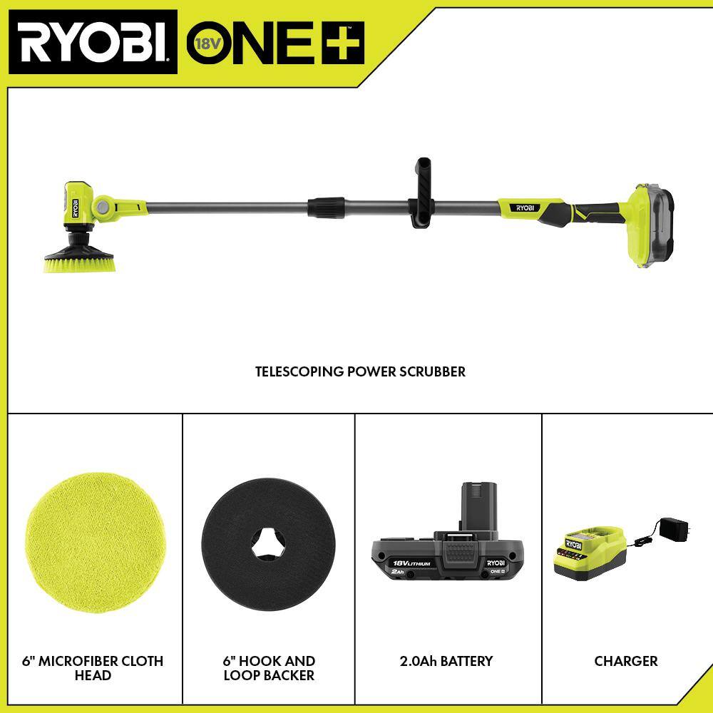 RYOBI ONE+ 18V Cordless Telescoping Power Scrubber Kit with 2.0 Ah Battery and Charger and 6 in. 2-Piece Cloth Microfiber Kit P4500K-A95KMCK1