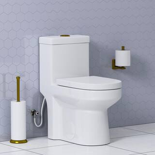 HOROW 1-piece 0.81.28 GPF High Efficiency Dual Flush Round Toilet in White with Seat Included and Brushed Gold Button HR-0033G