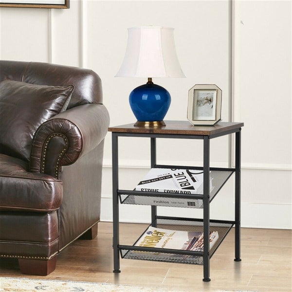 3 Tier Industrial End Table with Mesh Shelves and Adjustable Shelves